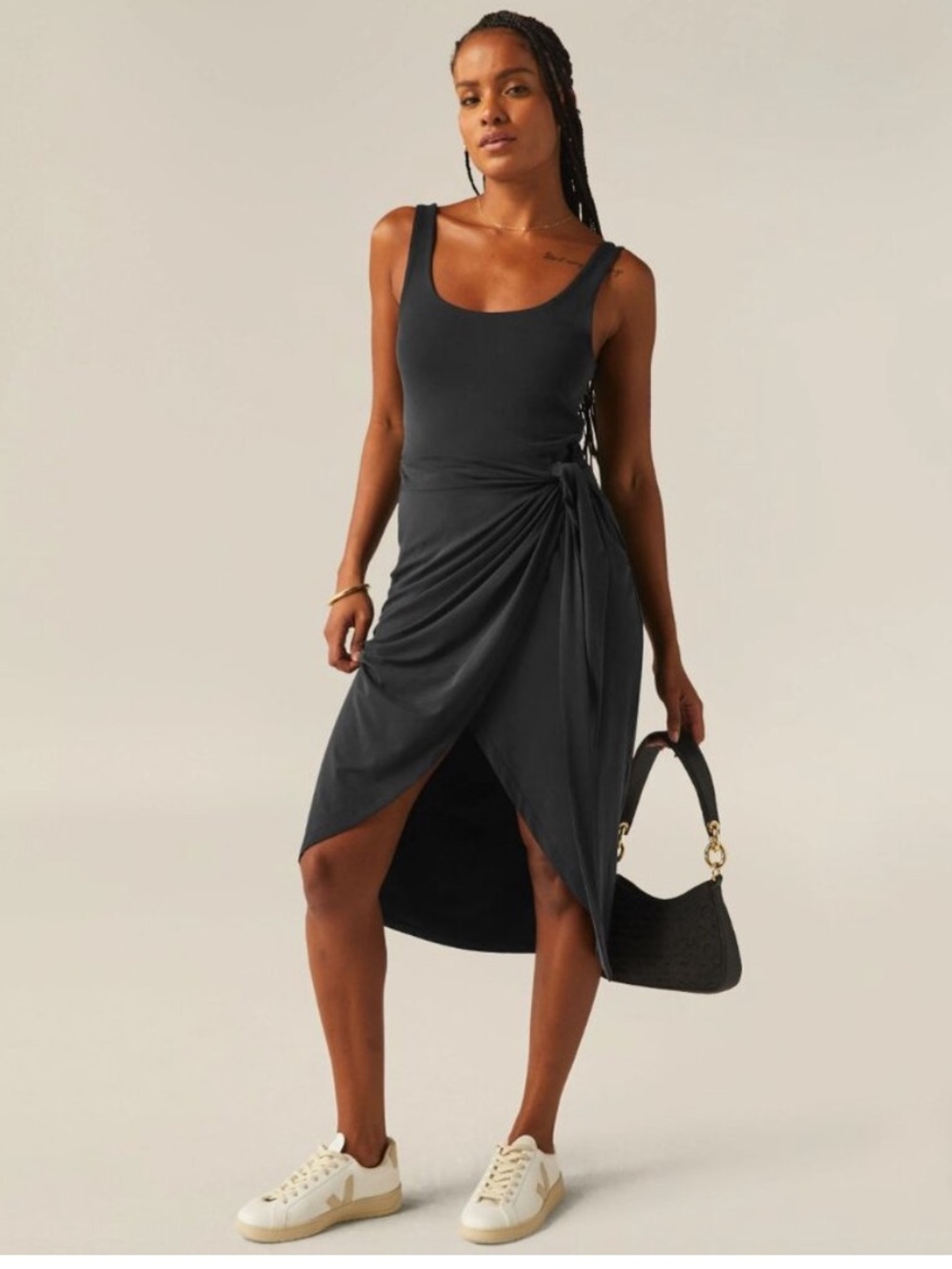 Beyond Yoga Intrigue Wrap Midi Dress Black Size M Scoop Neck Tencel